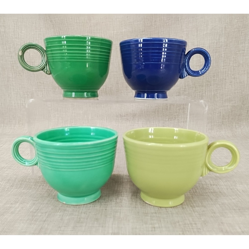 Vintage Fiesta Pre 1972 Teacups Chartreuse Medium Light Green Cobalt Set of 4